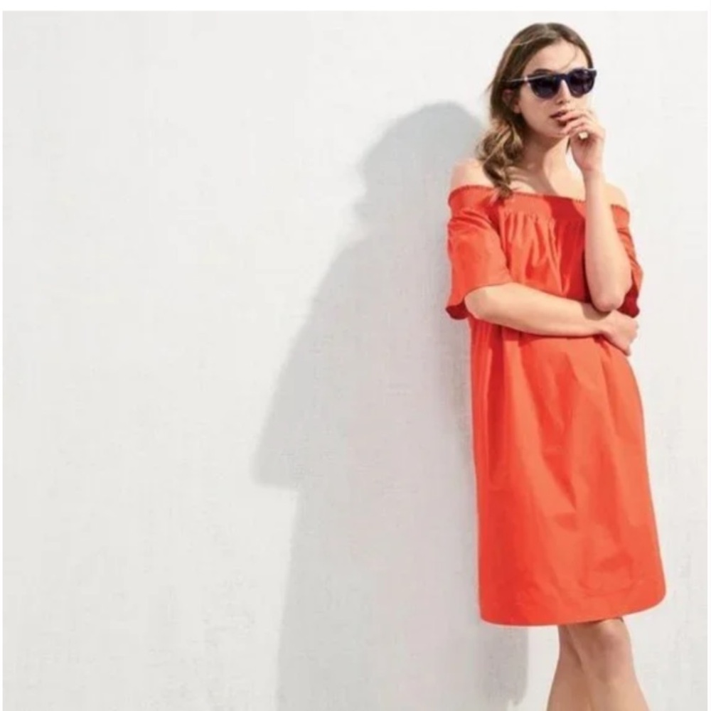 J.Crew off the shoulder poplin dress- slightly red- orange.‎ Worn 2x. Retail 118